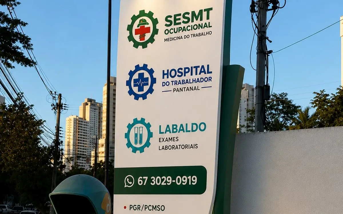 Totem na entrada da unidade com as marcas SESMT Ocupacional, Hospital do Trabalhador Pantanal e LabAldo, e o telefone (67) 3029-0919